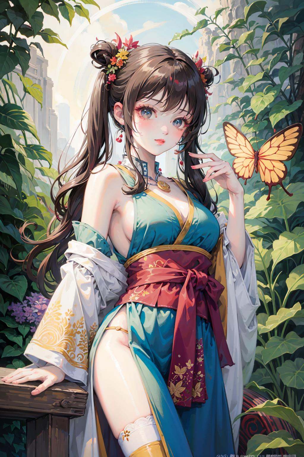 (Cinematic Lighting),  In a whimsical and fantastical garden,  the 2D anime black hair girl sits on a giant toadstool by i...