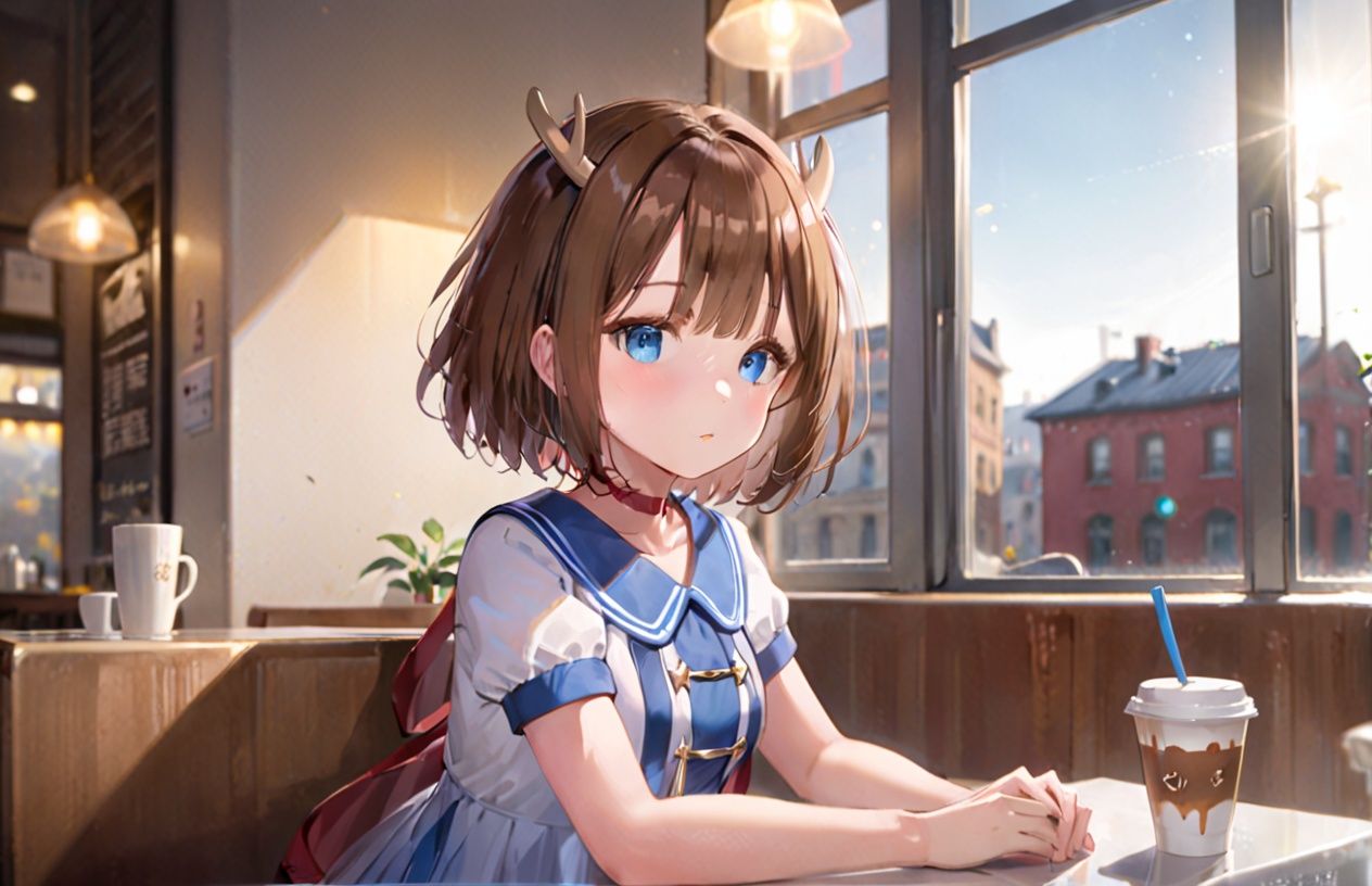 1girl,alone,single,solo,masterpiece,best quality,ultra-detailed,illustration,clear-cut margin,extremely detailed CG unity 8k wallpaper,((an extremely delicate and beautiful)),(beautiful detailed eyes),detailed face,kano xl,1girl,solo,brown hair,dress,white thighhighs,blue eyes,short hair,antlers,<lora:kanoxl:0.6>,coffee shop,warm lighting,sitting in a seat by the window,dessert on the table,reflective window,Look away,sideways,The alley outside the window,