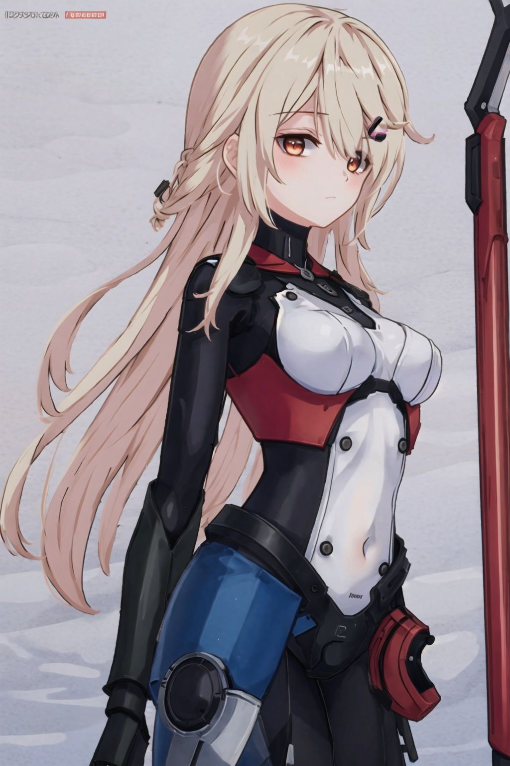 1girl, solo, long hair, hair over one eye, blonde hair, bodysuit, hair ornament, breasts, red eyes, closed mouth, looking at viewer,  bangs, medium breasts, hairclip, orange eyes,naimeixisiXF,
(masterpiece:1.2), best quality, masterpiece, highres, original,ultra-detailed, illustration,extremely detailed wallpaper, perfect lighting,(extremely detailed CG:1.2), drawing, paintbrush,