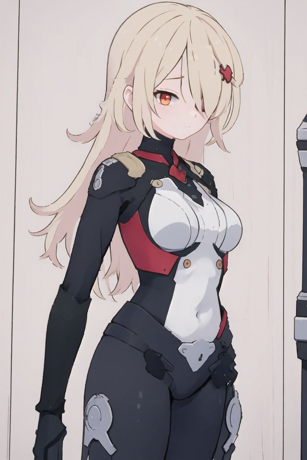 1girl, solo, long hair, hair over one eye, blonde hair, bodysuit, hair ornament, breasts, red eyes, closed mouth, looking at viewer, covered navel,  bangs, medium breasts, hairclip, orange eyes,naimeixisiXF,
(masterpiece:1.2), best quality, masterpiece, highres, original,ultra-detailed, illustration,extremely detailed wallpaper, perfect lighting,(extremely detailed CG:1.2), drawing, paintbrush,