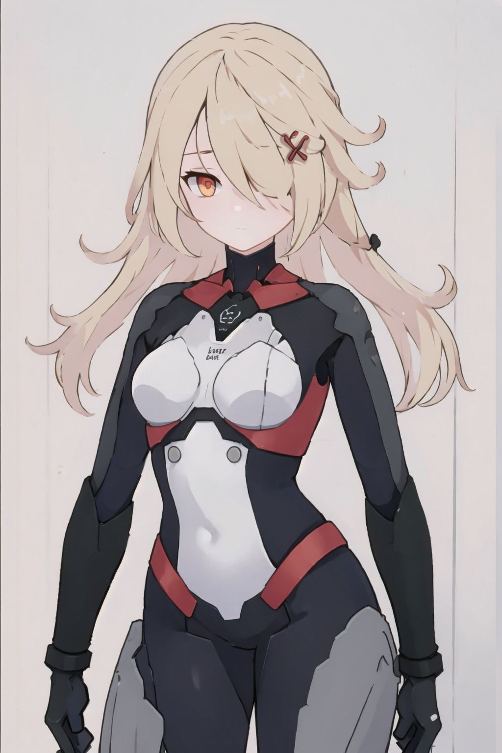 1girl, solo, long hair, hair over one eye, blonde hair, bodysuit, hair ornament, breasts, red eyes, closed mouth, looking at viewer,  bangs, medium breasts, hairclip, orange eyes,naimeixisiXF,
(masterpiece:1.2), best quality, masterpiece, highres, original,ultra-detailed, illustration,extremely detailed wallpaper, perfect lighting,(extremely detailed CG:1.2), drawing, paintbrush,