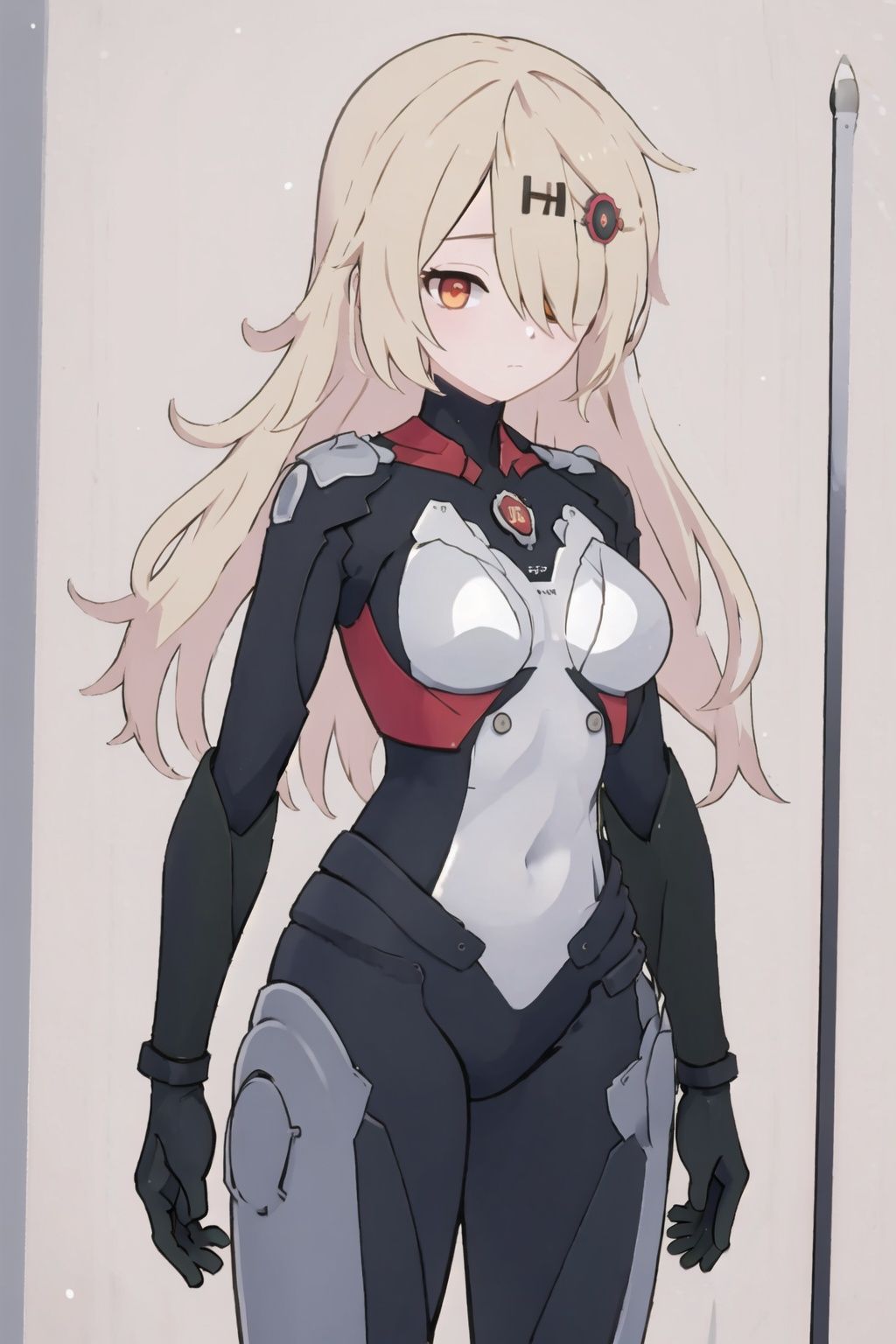 1girl, solo, long hair, hair over one eye, blonde hair, bodysuit, hair ornament, breasts, red eyes, closed mouth, looking at viewer, covered navel,  bangs, medium breasts, hairclip, orange eyes,naimeixisiXF,
(masterpiece:1.2), best quality, masterpiece, highres, original,ultra-detailed, illustration,extremely detailed wallpaper, perfect lighting,(extremely detailed CG:1.2), drawing, paintbrush,