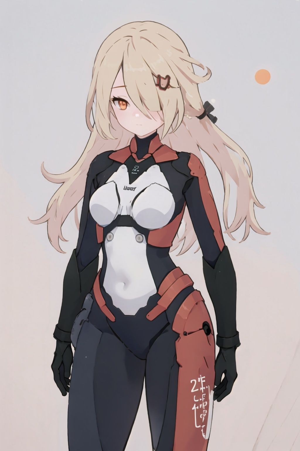 1girl, solo, long hair, hair over one eye, blonde hair, bodysuit, hair ornament, breasts, red eyes, closed mouth, looking at viewer,  bangs, medium breasts, hairclip, orange eyes,naimeixisiXF,
(masterpiece:1.2), best quality, masterpiece, highres, original,ultra-detailed, illustration,extremely detailed wallpaper, perfect lighting,(extremely detailed CG:1.2), drawing, paintbrush,