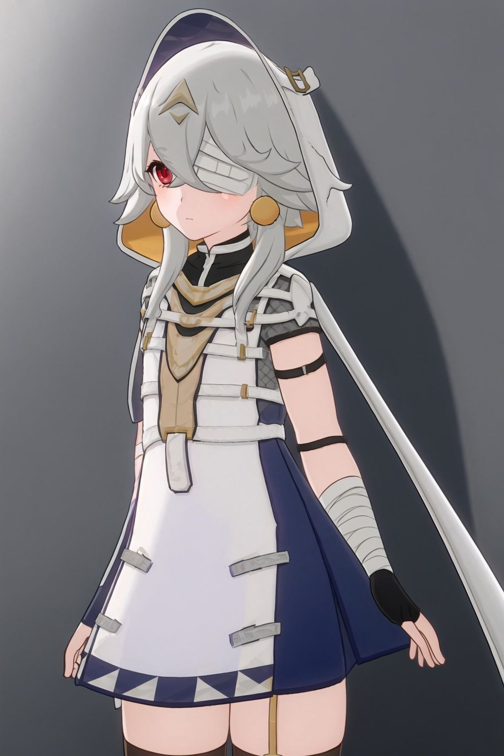 red eyes, 1girl, solo,bandages, looking at viewer, eyepatch,grey hair, gloves, fingerless gloves, closed mouth, dress, bangs, bandaged arm, hair ornament, hood,leibeiXF,
(masterpiece:1.2), best quality, masterpiece, highres, original,ultra-detailed, illustration,extremely detailed wallpaper, perfect lighting,(extremely detailed CG:1.2), drawing, paintbrush,