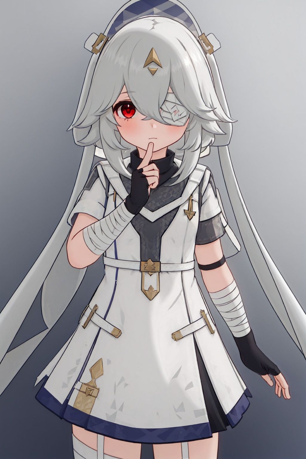  red eyes, 1girl, solo,bandages, looking at viewer, eyepatch,grey hair, gloves, fingerless gloves, closed mouth, dress, bangs, bandaged arm, hair ornament, leibeiXF,
(masterpiece:1.2), best quality, masterpiece, highres, original,ultra-detailed, illustration,extremely detailed wallpaper, perfect lighting,(extremely detailed CG:1.2), drawing, paintbrush,