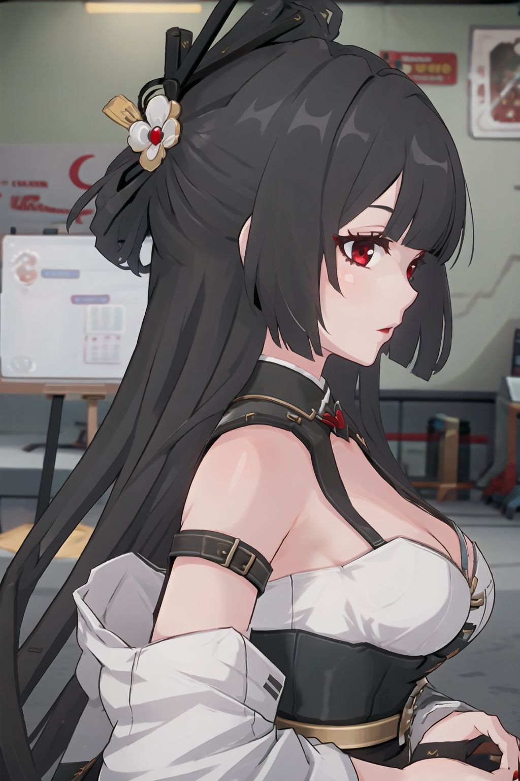 1girl,looking at viewer,breasts,solo,long hair,cleavage,black hair,red nails,hair ornament,front view,hair stick,
(masterpiece:1.2), best quality, masterpiece, highres, original,ultra-detailed, illustration,extremely detailed wallpaper, perfect lighting,(extremely detailed CG:1.2), drawing, paintbrush,