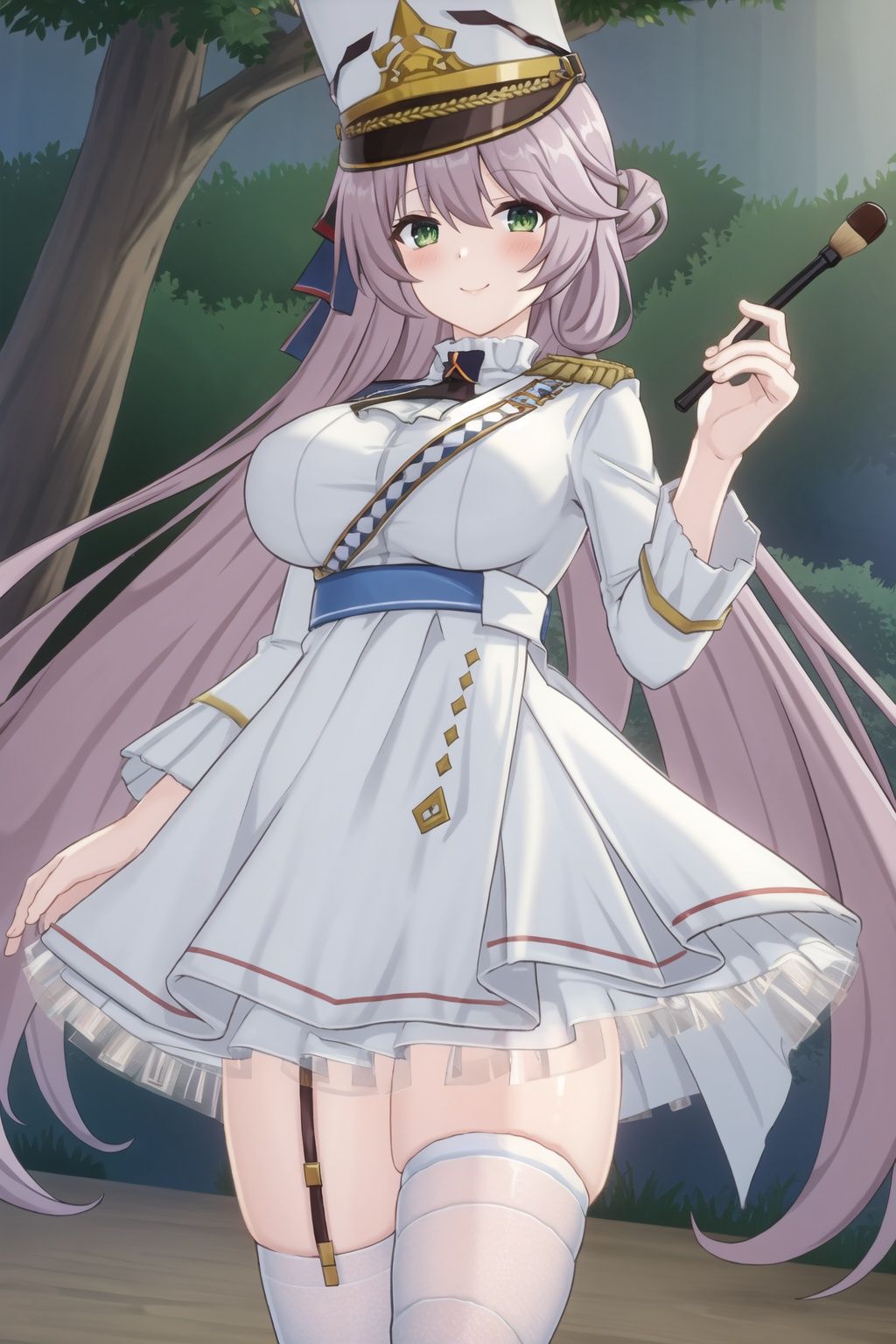 1girl,solo,looking at viewer,very long hair,seductive smile,close-up,green eye,huge breasts,military uniform,white dress,hat,white thighhighs,blush cheeks,
(masterpiece:1.2), best quality, masterpiece, highres, original,ultra-detailed, illustration,extremely detailed wallpaper, perfect lighting,(extremely detailed CG:1.2), drawing, paintbrush,