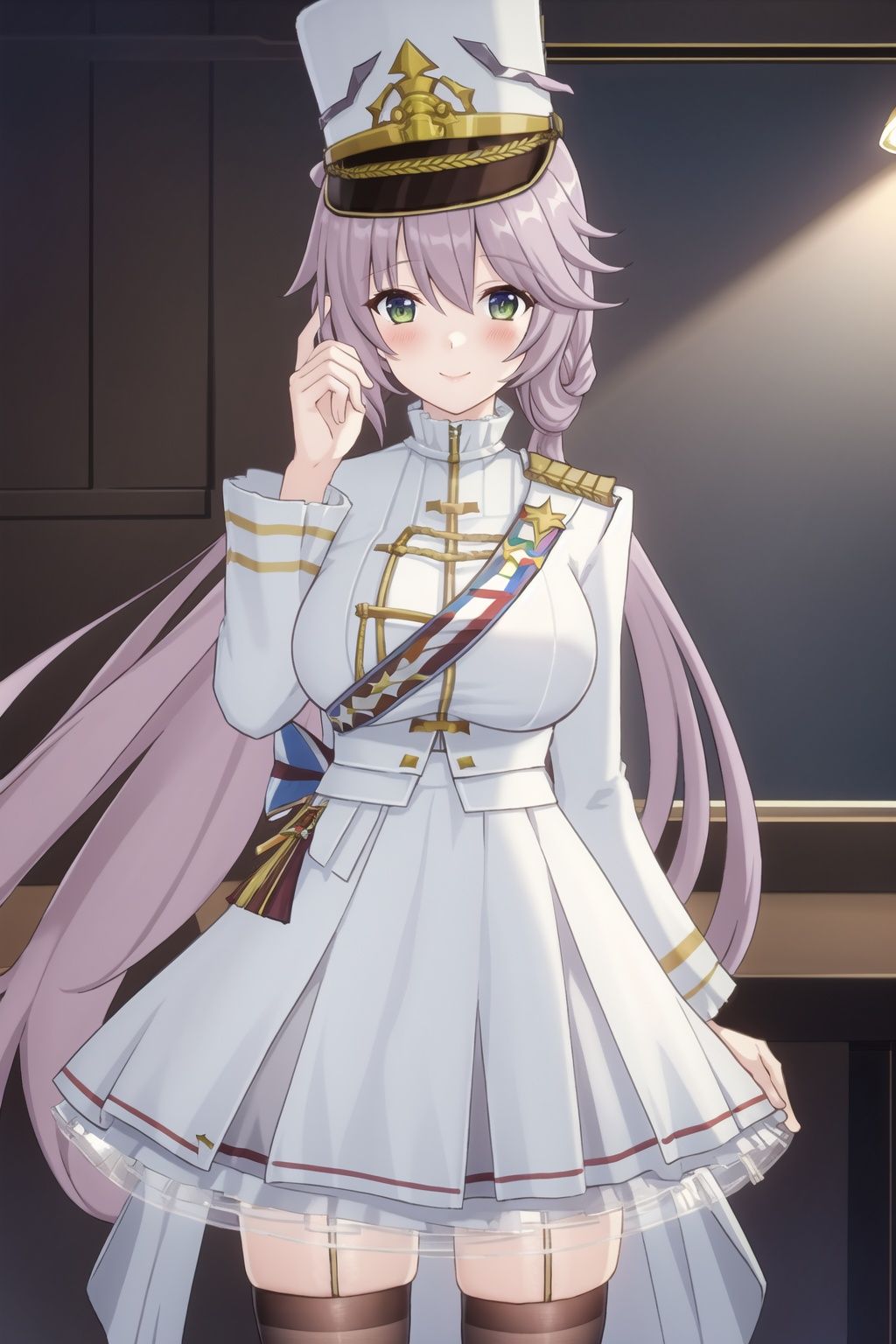 1girl,solo,looking at viewer,very long hair,seductive smile,close-up,green eye,huge breasts,military uniform,white dress,hat,white thighhighs,blush cheeks,
(masterpiece:1.2), best quality, masterpiece, highres, original,ultra-detailed, illustration,extremely detailed wallpaper, perfect lighting,(extremely detailed CG:1.2), drawing, paintbrush,