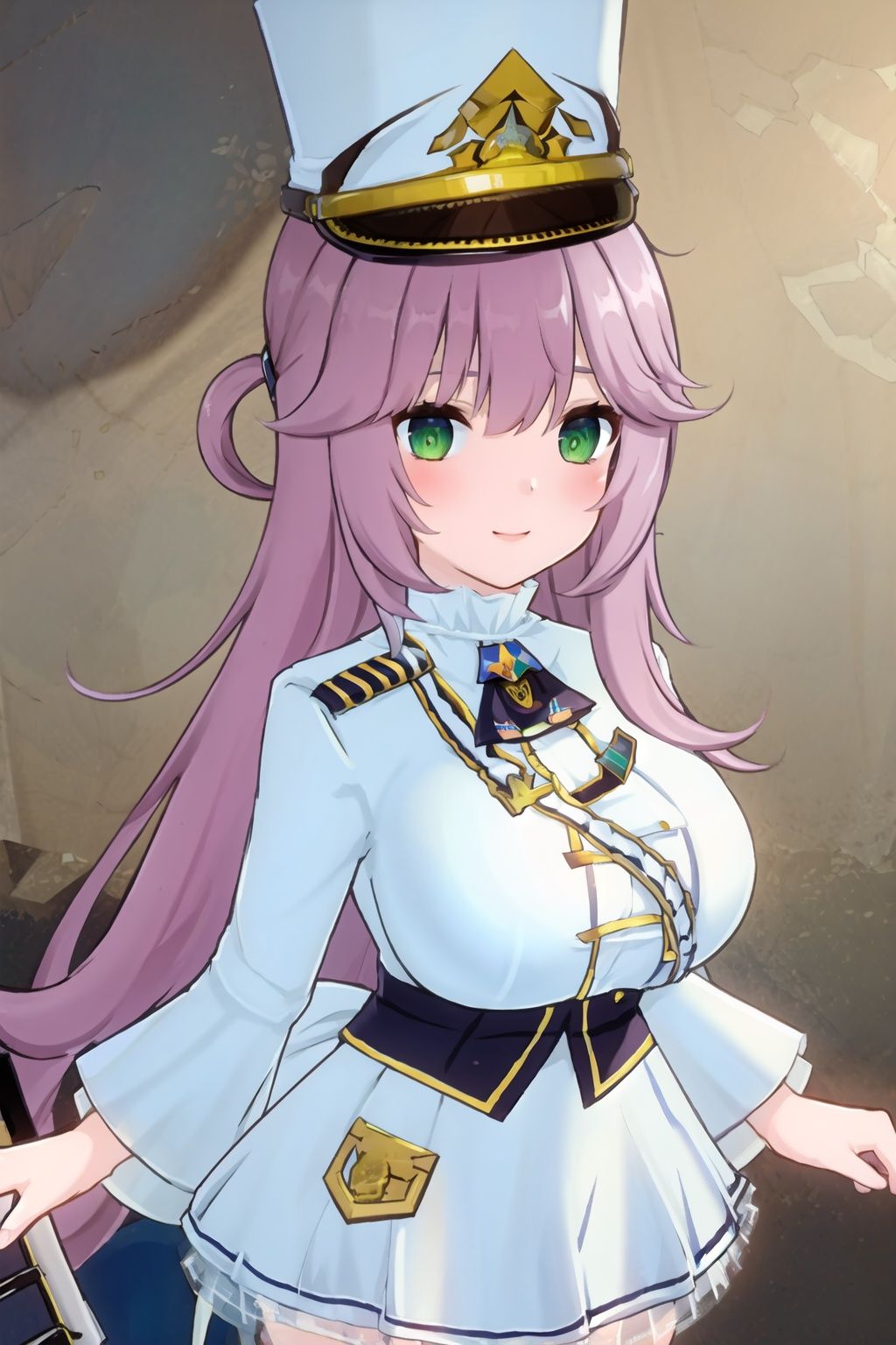 1girl,solo,looking at viewer,very long hair,seductive smile,close-up,green eye,huge breasts,military uniform,white dress,hat,white thighhighs,blush cheeks,
(masterpiece:1.2), best quality, masterpiece, highres, original,ultra-detailed, illustration,extremely detailed wallpaper, perfect lighting,(extremely detailed CG:1.2), drawing, paintbrush,