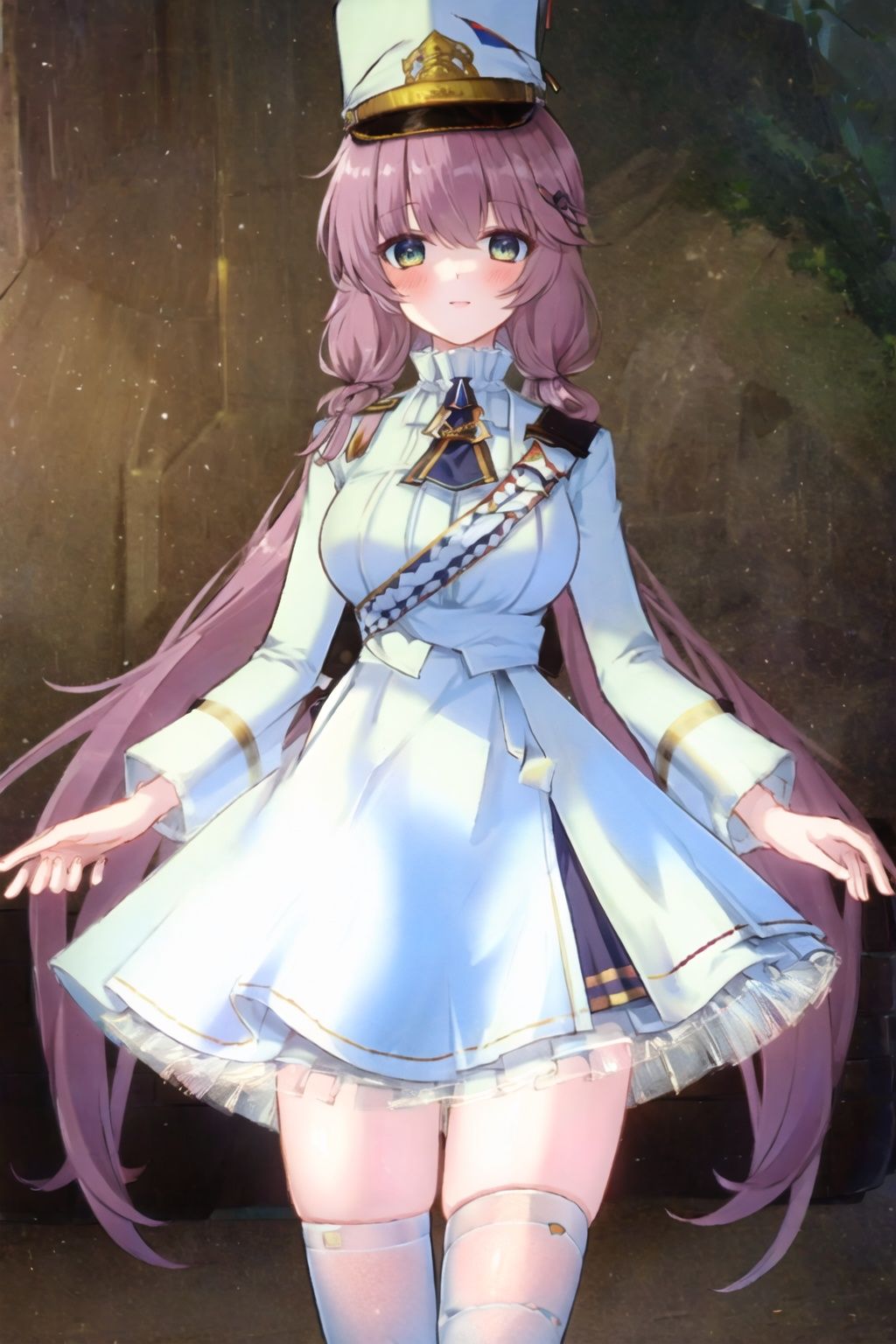 1girl,solo,looking at viewer,very long hair,seductive smile,close-up,green eye,huge breasts,military uniform,white dress,hat,white thighhighs,blush cheeks,
(masterpiece:1.2), best quality, masterpiece, highres, original,ultra-detailed, illustration,extremely detailed wallpaper, perfect lighting,(extremely detailed CG:1.2), drawing, paintbrush,
