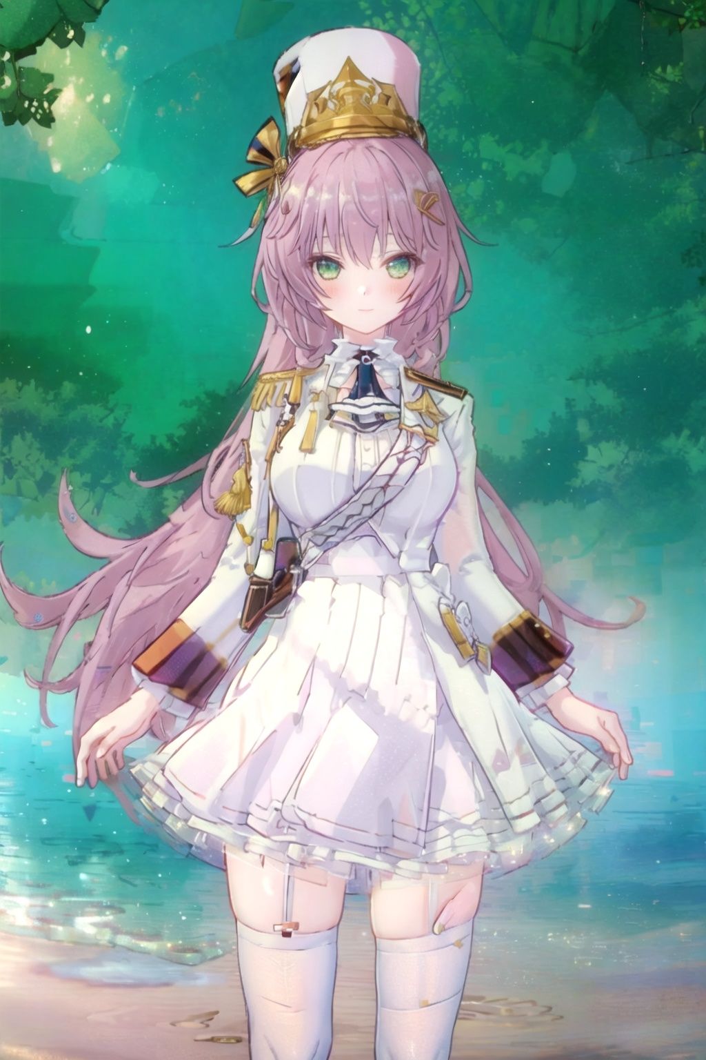 1girl,solo,looking at viewer,very long hair,seductive smile,close-up,green eye,huge breasts,military uniform,white dress,hat,white thighhighs,blush cheeks,
(masterpiece:1.2), best quality, masterpiece, highres, original,ultra-detailed, illustration,extremely detailed wallpaper, perfect lighting,(extremely detailed CG:1.2), drawing, paintbrush,
