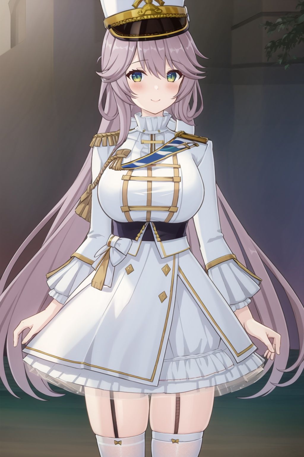1girl,solo,looking at viewer,very long hair,seductive smile,close-up,green eye,huge breasts,military uniform,white dress,hat,white thighhighs,blush cheeks,
(masterpiece:1.2), best quality, masterpiece, highres, original,ultra-detailed, illustration,extremely detailed wallpaper, perfect lighting,(extremely detailed CG:1.2), drawing, paintbrush,