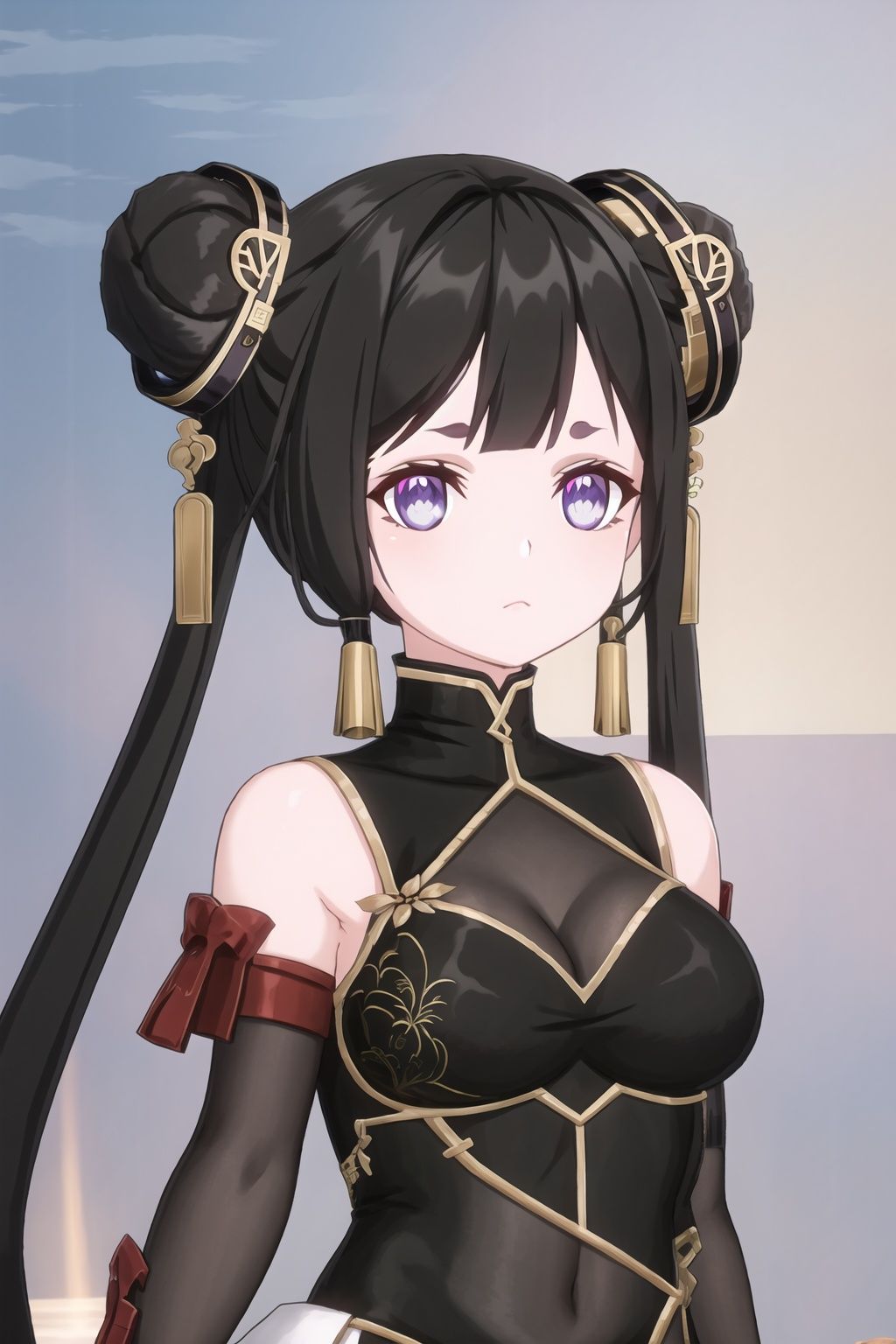 1girl, black hair, looking at viewer, earrings, portrait, double bun, hair bun, purple eyes, bangs, jewelry,  chinese clothes,  long hair, breasts,twintails, gloves, black hair,
(masterpiece:1.2), best quality, masterpiece, highres, original,ultra-detailed, illustration,extremely detailed wallpaper, perfect lighting,(extremely detailed CG:1.2), drawing, paintbrush,