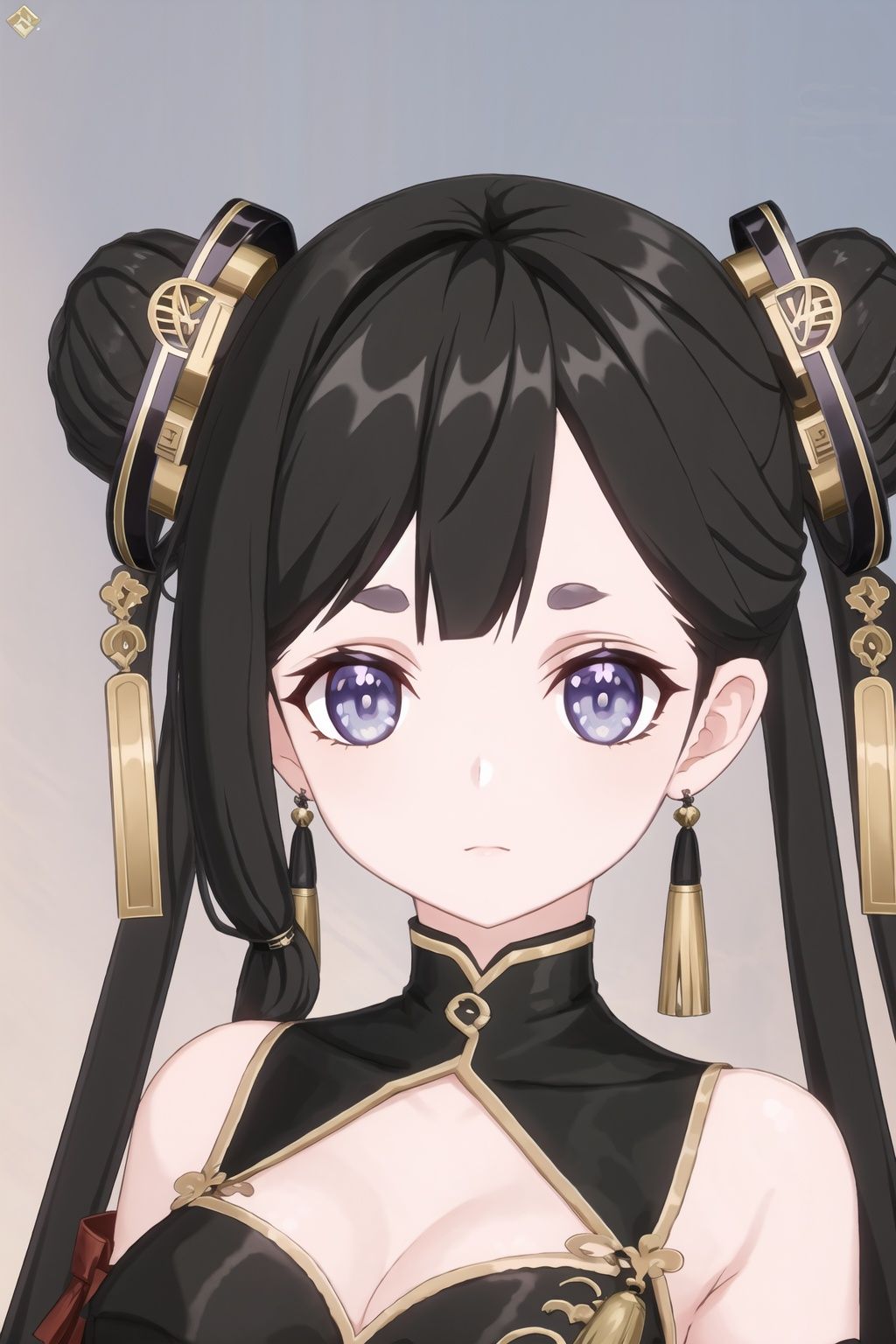 1girl, black hair, looking at viewer, earrings, portrait, double bun, hair bun, purple eyes, bangs, jewelry,  chinese clothes,  long hair, breasts,twintails, gloves, black hair,
(masterpiece:1.2), best quality, masterpiece, highres, original,ultra-detailed, illustration,extremely detailed wallpaper, perfect lighting,(extremely detailed CG:1.2), drawing, paintbrush,