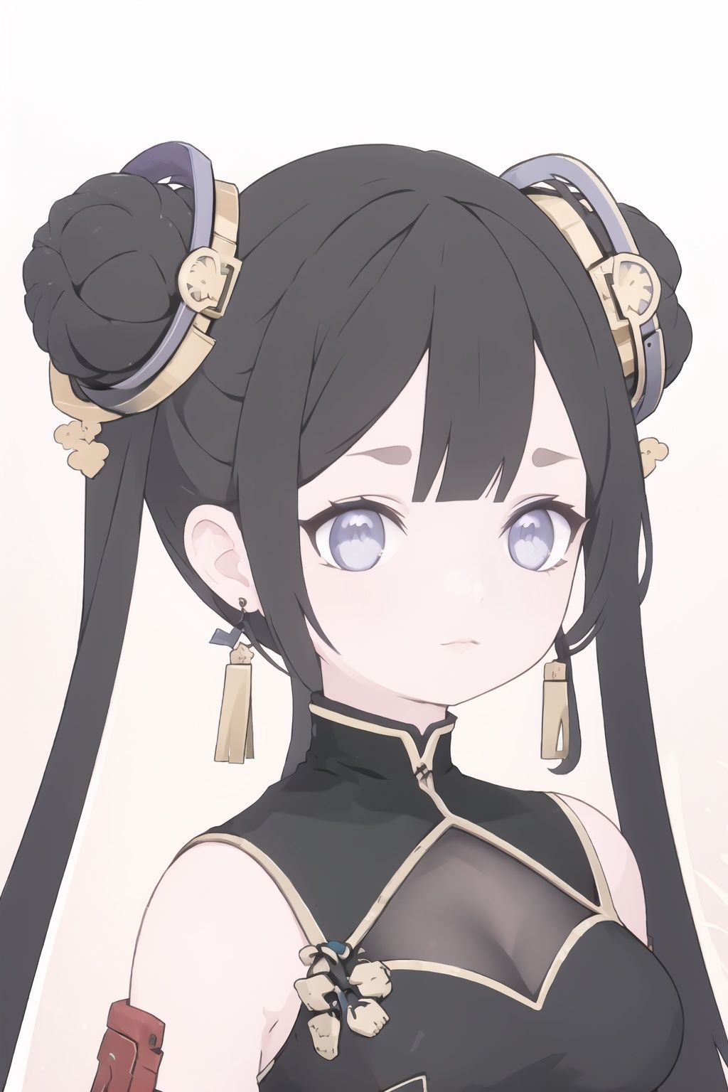 1girl, black hair, looking at viewer, earrings, portrait, double bun, hair bun, purple eyes, bangs, jewelry,  chinese clothes,  long hair, breasts,twintails, gloves, black hair,
(masterpiece:1.2), best quality, masterpiece, highres, original,ultra-detailed, illustration,extremely detailed wallpaper, perfect lighting,(extremely detailed CG:1.2), drawing, paintbrush,