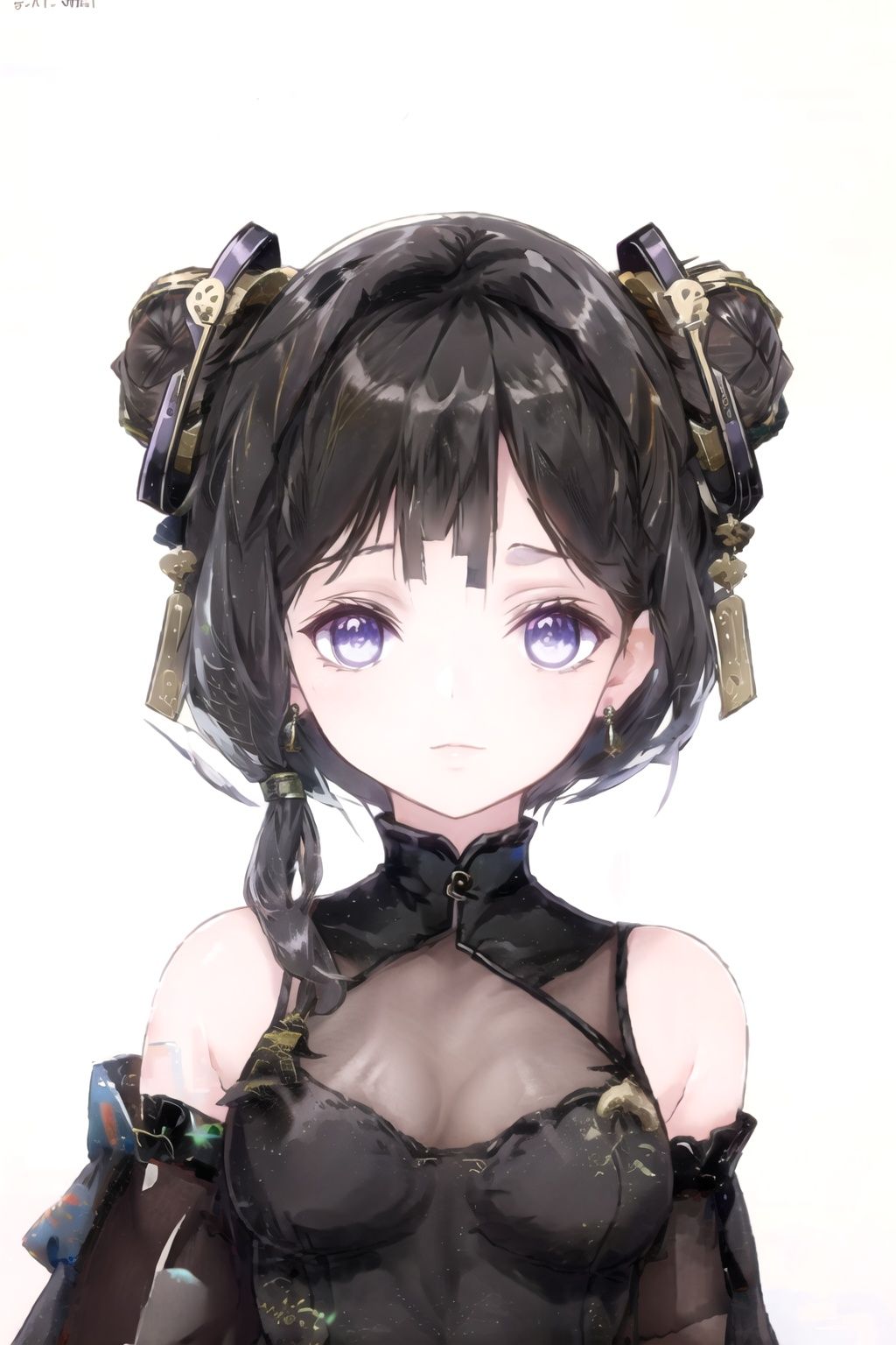 1girl, black hair, looking at viewer, earrings, portrait, double bun, hair bun, purple eyes, bangs, jewelry,  chinese clothes,  long hair, breasts,twintails, gloves, black hair,
(masterpiece:1.2), best quality, masterpiece, highres, original,ultra-detailed, illustration,extremely detailed wallpaper, perfect lighting,(extremely detailed CG:1.2), drawing, paintbrush,