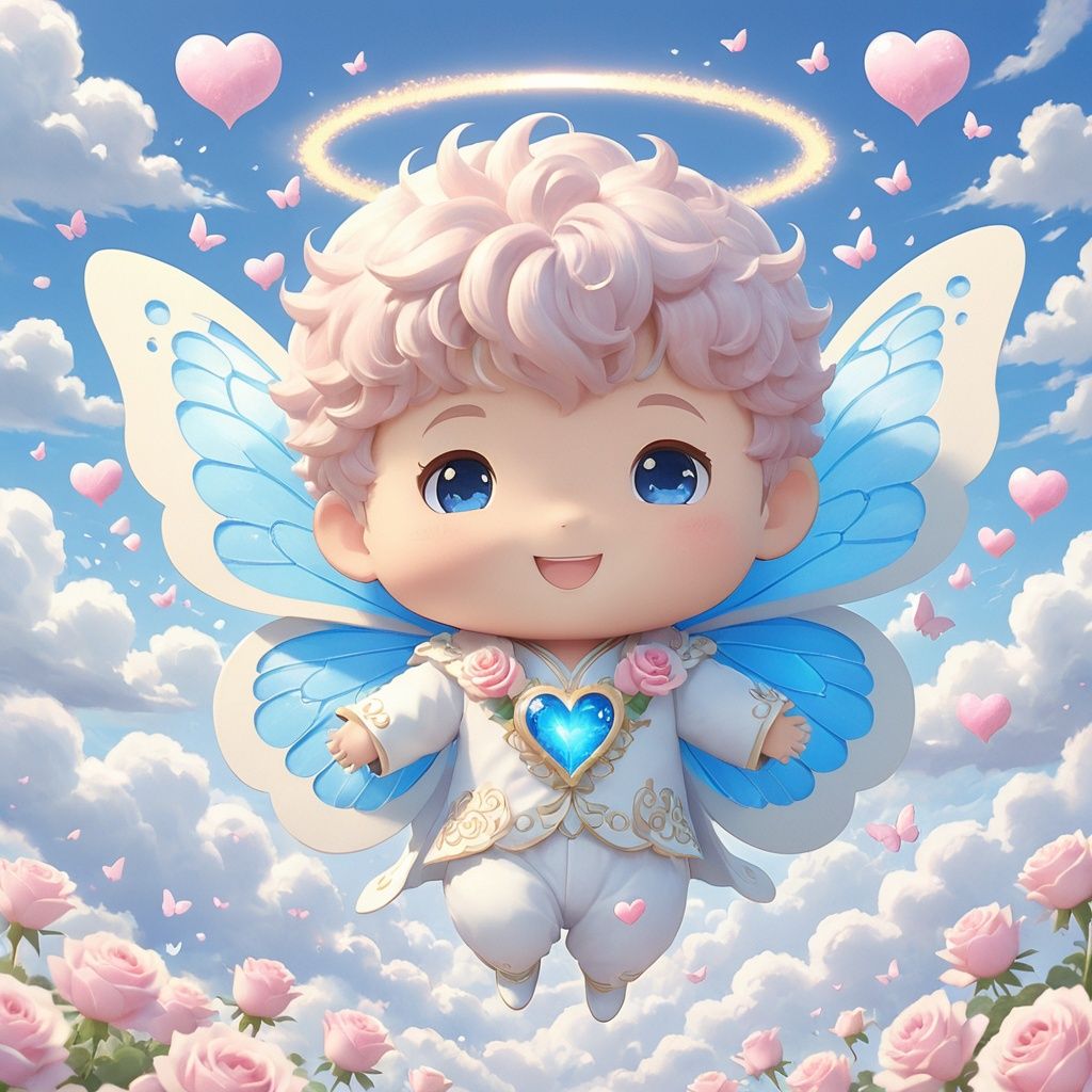  masterpiece,mirumo,1 little boy,Handsome,Lovely,chibi,Look at me,Blush,Shut up,Smile,Love genie,Floating hearts,Butterfly,Light blue sky,Clouds,Pink roses,magic,Angel halo,textured skin,super detail,best quality,,
