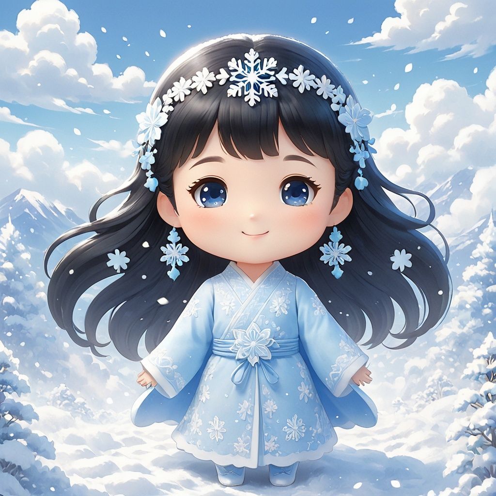  masterpiece,MiRU,chibi,1girl,Black hair,solo,full body,Spirit,Smile,Outdoor,Light blue sky,Clouds,magic,A fantastic scene,It snows,cold,Snowflake,textured skin,super detail,best quality,,