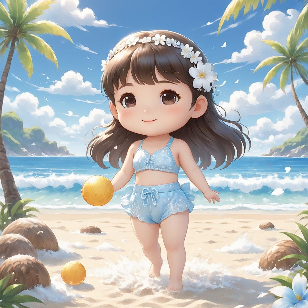  masterpiece,mirumo,chibi,A little girl,Handsome,Lovely,Look at me,Summer day,There is plenty of sunshine,Light blue sky,Clouds,Bathing suit,At the seaside,Beach,Coconut tree,Play in the water,textured skin,super detail,best quality,,
