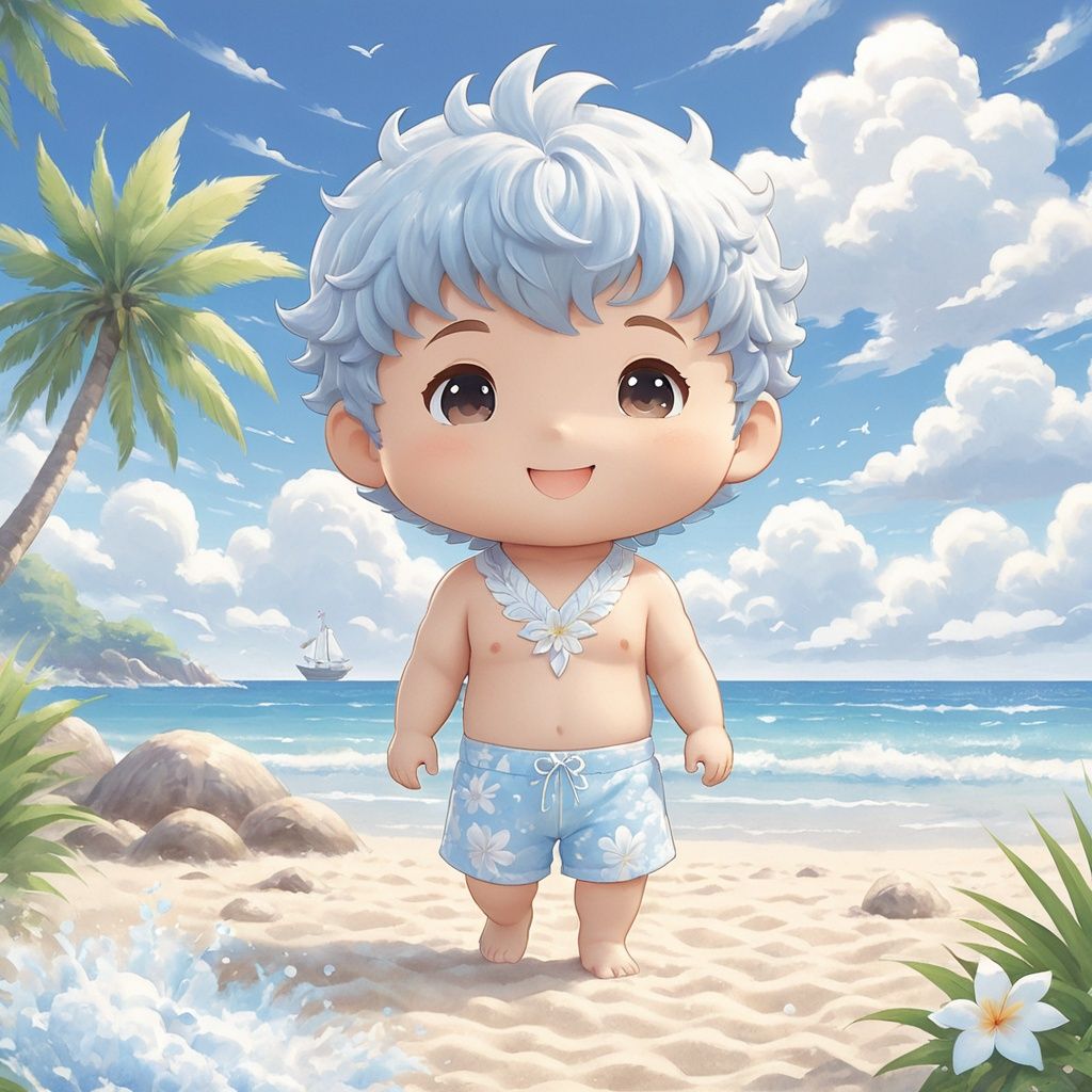  masterpiece,mirumo,chibi,A little boy
,Handsome,Lovely,Look at me,Summer day,There is plenty of sunshine,Light blue sky,Clouds,Bathing suit,At the seaside,Beach,Coconut tree,Play in the water,textured skin,super detail,best quality,,