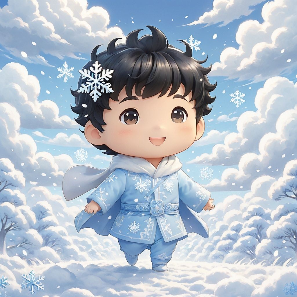  masterpiece,MiRU,chibi,1 boy,Black hair,solo,full body,Spirit,Smile,Outdoor,Light blue sky,Clouds,magic,A fantastic scene,It snows,cold,Snowflake,textured skin,super detail,best quality,,