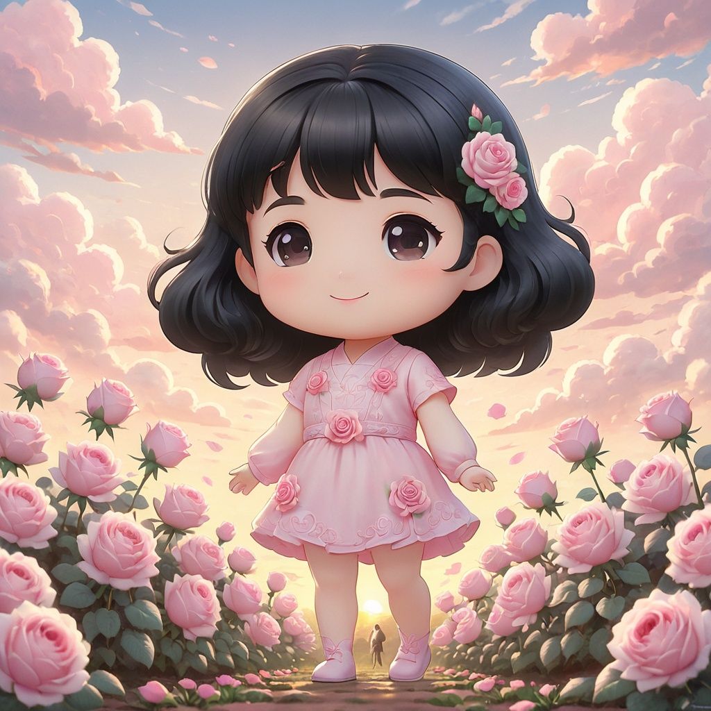  masterpiece,mirumo,chibi,1 girl,Black hair,solo,full body,Smile,Outdoor,Sunrise,Clouds,Pink roses,Garden,Stand on the ground,textured skin,super detail,best quality,,