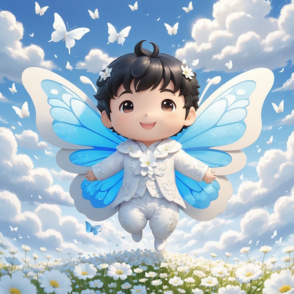  masterpiece,MiRU,1 boy,chibi,solo,full body,Spirit,Smile,Outdoor,Light blue sky,Clouds,White flower,Flying petals,Butterfly,magic,A fantastic scene,textured skin,super detail,best quality,,