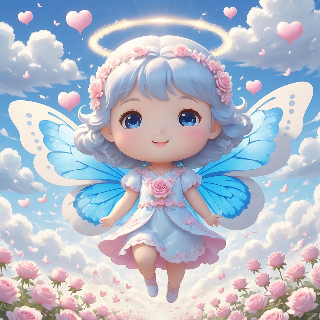  masterpiece,mirumo,1 little Girl,Handsome,Lovely,chibi,Look at me,Blush,Shut up,Smile,Love genie,Floating hearts,Butterfly,Light blue sky,Clouds,Pink roses,magic,Angel halo,textured skin,super detail,best quality,,