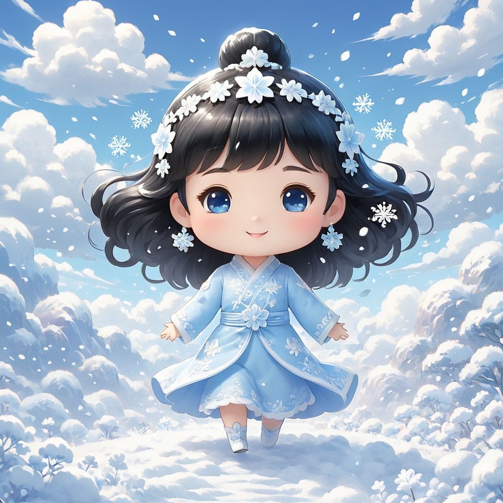  masterpiece,MiRU,chibi,1girl,Black hair,solo,full body,Spirit,Smile,Outdoor,Light blue sky,Clouds,magic,A fantastic scene,It snows,cold,Snowflake,textured skin,super detail,best quality,,