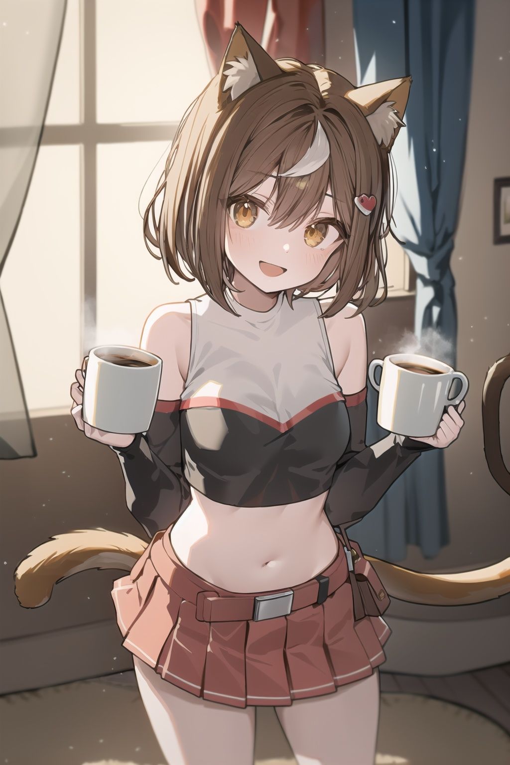 detailed eyes, 1girl, animal ears, cup, brown hair, skirt, navel, tail, mug, looking at viewer, cat ears, smile, holding, midriff, breasts, brown eyes, cat tail, holding cup, open mouth, coffee, short hair, pleated skirt, coffee mug, window, cat girl, belt, crop top, animal ear fluff, pouch, :d, solo focus, hair ornament, virtual youtuber, miniskirt, curtains, blush, medium breasts, indoors, detached sleeves, cowboy shot, bare shoulders, red skirt, belt pouch, pov, standing