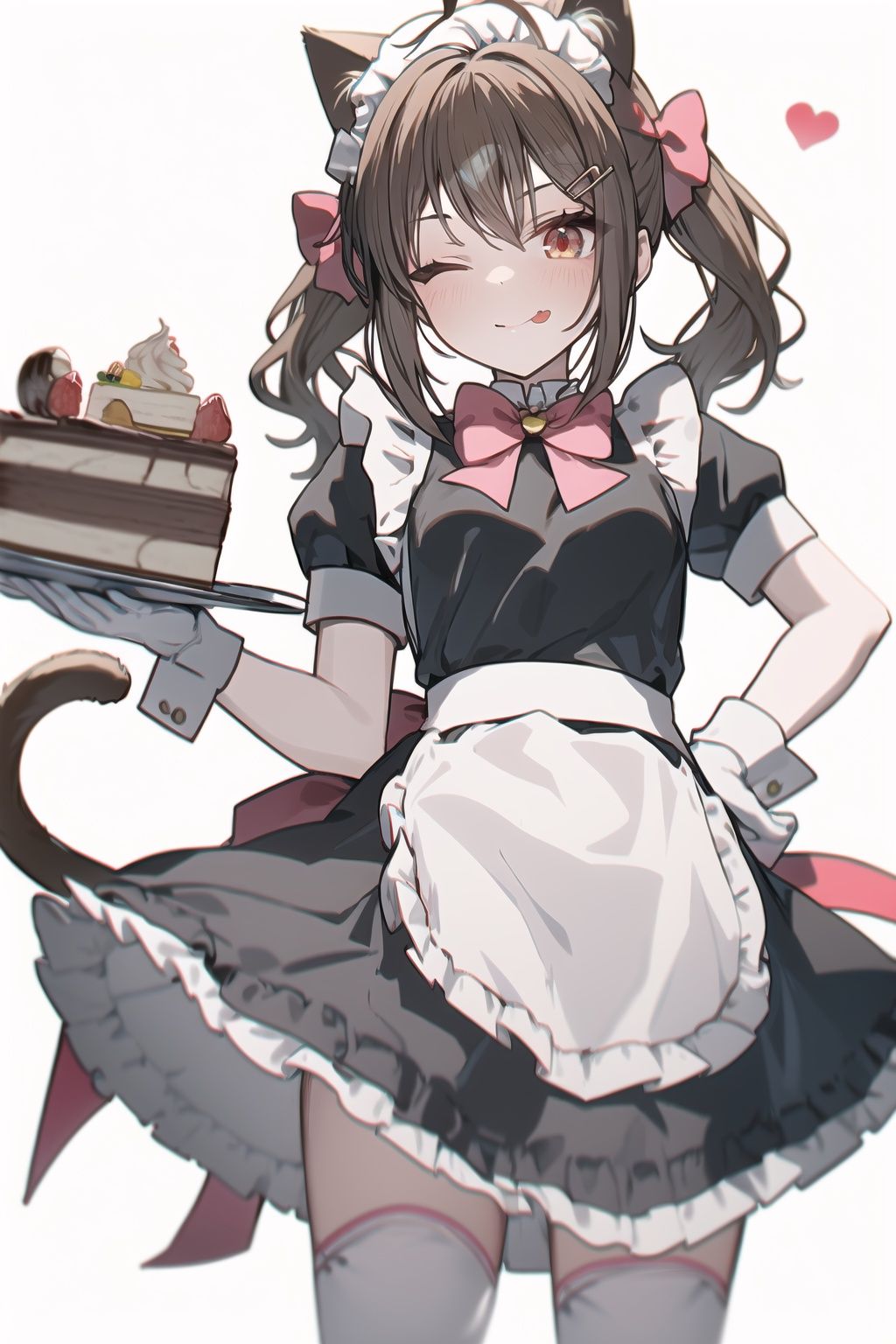 detailed eyes, 1girl, animal ears, solo, one eye closed, food, cat ears, tail, bow, tongue out, apron, tongue, cat tail, bell, maid, maid headdress, holding, short sleeves, dress, red eyes, hand on hip, cat girl, ahoge, frills, white background, looking at viewer, cake, hair ornament, black dress, black hair, twintails, white apron, heart, thighhighs, puffy sleeves, hair bow, neck bell, maid apron, white thighhighs, bangs, puffy short sleeves, simple background, pink bow, frilled apron, red bow, gloves, jingle bell, ribbon, short hair, smile, frilled dress, white gloves, hairclip, bowtie, wrist cuffs, short twintails, closed mouth, brown hair, blush, holding plate, standing, collar, ;p