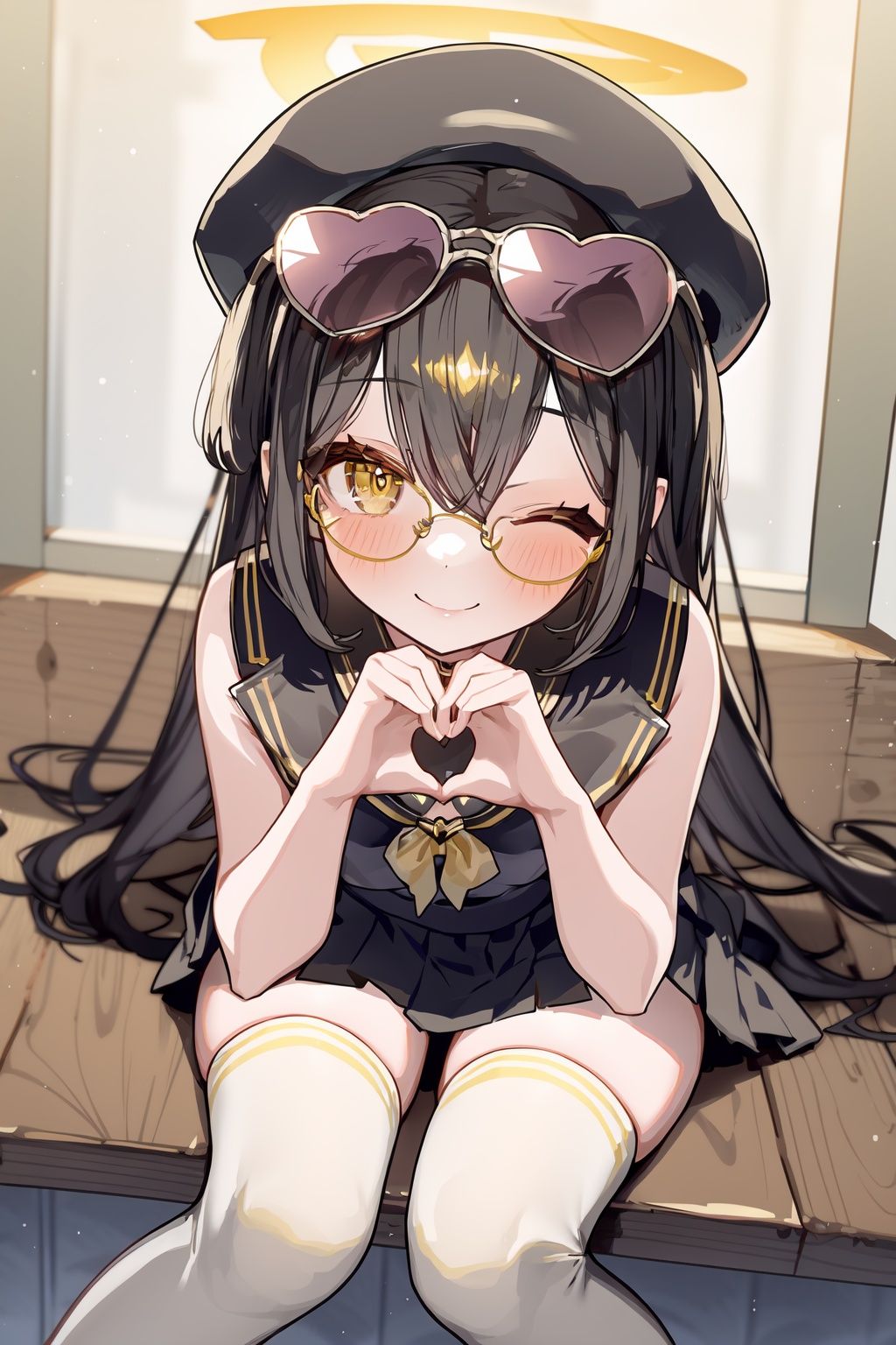  1girl, solo, one eye closed, black hair, long hair, thighhighs, yellow eyes, glasses, smile, heart hands, heart, white thighhighs, skirt, looking at viewer, hat, blush, yellow-framed eyewear