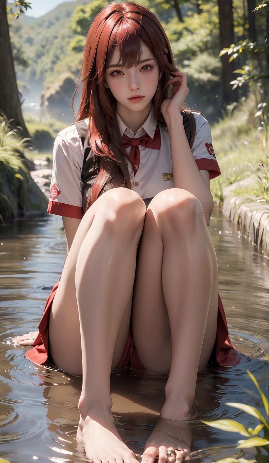 a girl,  In the forest,  The stream flows around like the tide on Tensor.Art