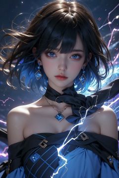  1girl,Bangs, off shoulder, black hair, blue dress, blue eyes, chest, earrings, dress, earrings, floating hair, jewelry, sleeveless, short hair,Looking at the observer, parted lips, pierced,energy,electricity,magic,