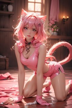  (RAW photo: 1.2), hollow, Holt collar, tight, sweat, white liquid, pink body, Kneeling, lying on all fours, crawling,Combat shorts,pink jacket,smooth pink white skin, cat suit, shiny plastic, shiny metallic luster skin, pink glowing color, M-shaped legs, angry expression, sullen and sullen,lighting, white liquid all over the body