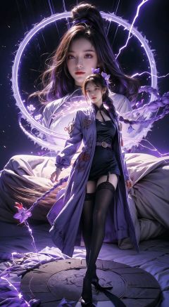  1girl,urple hair, purple eyes, glowing eyes, electricity,Silk stockings, jackets, lightning, Short skirt,Artifacts,purple magic, aura, full body,magic circle, braids,very long hair,hair flowe,tarry sky ,