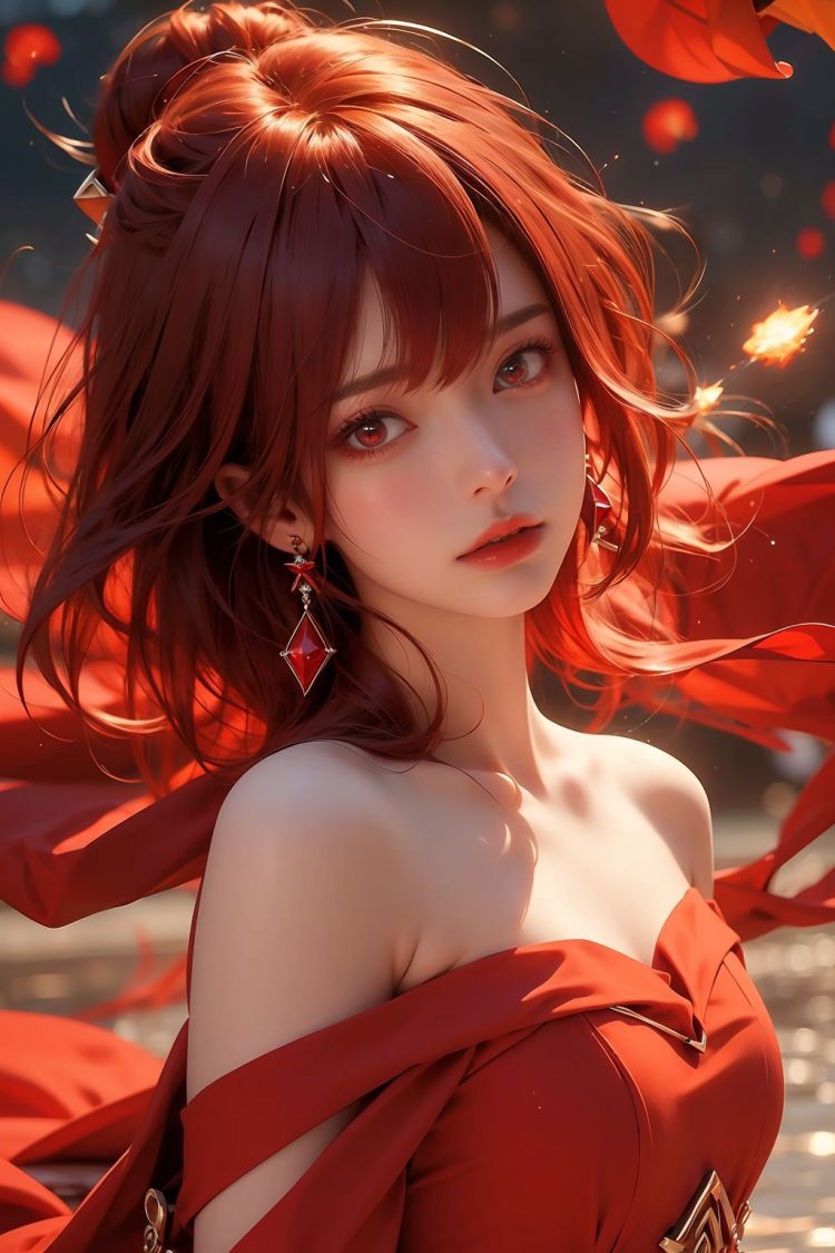 1girl,Bangs, off shoulder, (red hair), red dress, red eyes, chest, earrings, dress, earrings, floating hair, jewelry, sleeveless, short hair,Looking at the observer, parted lips, pierced,energy,magic,energy,red magic,Burning air,light particles1girl