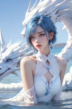 1girl,Wide angle lens,Blue tight fitting clothes,Short hair,bare shoulders, outdoor, blue hair, sky, solo, Blue eyes, earrings,wading, (white dragon),
