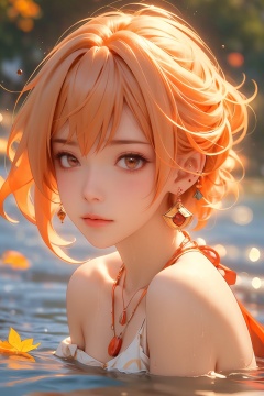  1girl,Short hair, earrings, necklaces, orange hair, off shoulder, chest, water, looking at the audience, the fallen leaves on the water,partially submerged, sunset, afterglow, evening,yoimiya (genshin impact)