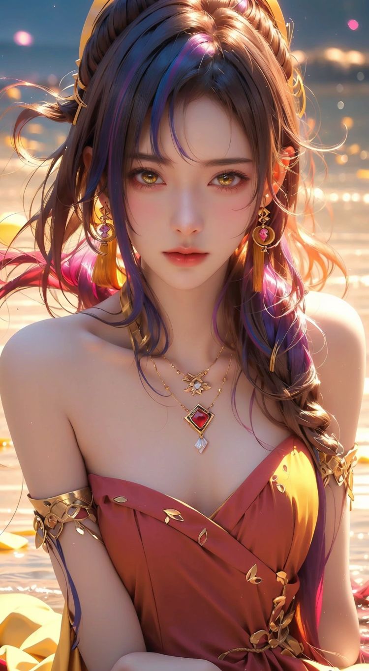  1girl,Bangs, off shoulder, colorful_hair, ((colorful hair)),golden dress, yellow eyes, chest, necklace, pink dress, earrings, floating hair, jewelry, sleeveless, very long hair,Looking at the observer, parted lips, pierced,energy,electricity,magic,tifa,sssr,blonde hair,jujingyi