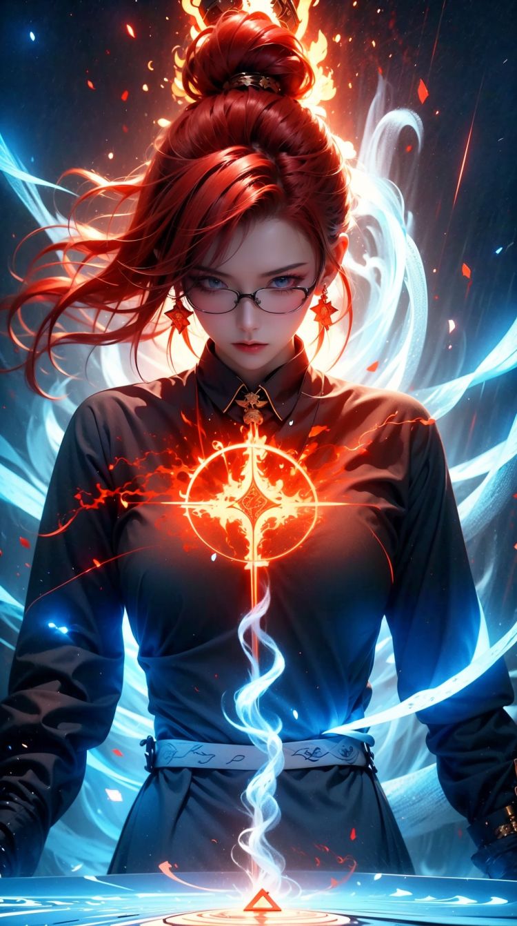  High quality, masterpiece, wallpaper, 1 girl, red hair, Glasses,, Angry, walking,staring,earrings, headbands, black shirt, tie, blue fire,magic circle, energy,glowing,diffraction spikes,ejaculation,electricity, flying paper,magic, half body photo,Daofa Rune