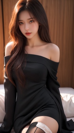  8k,RAW photo,best quality,masterpiece,realistic,1girl,off-shoulder dress,black thighhighs,sexy