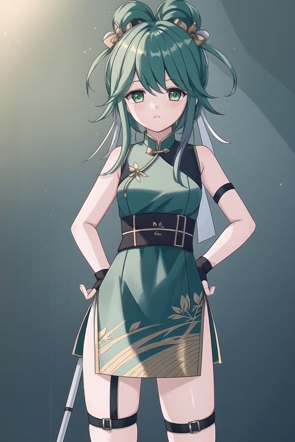 1girl, solo, green hair, green eyes, looking at viewer, gloves,  holding, chinese clothes, dress, hand on hip, hair ornament, fingerless gloves, thigh strap
(masterpiece:1.2), best quality, masterpiece, highres, original,ultra-detailed, illustration,extremely detailed wallpaper, perfect lighting,(extremely detailed CG:1.2), drawing, paintbrush,