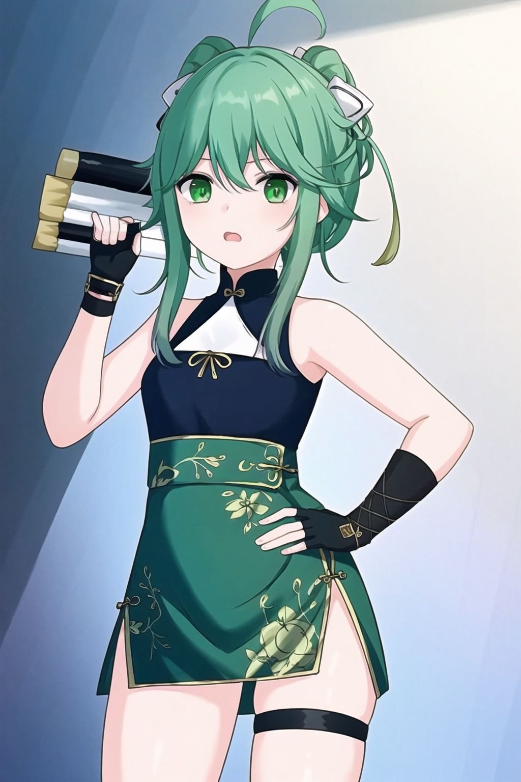 1girl, solo, green hair, green eyes, looking at viewer, gloves,  holding, chinese clothes, dress, hand on hip, hair ornament, fingerless gloves, thigh strap
(masterpiece:1.2), best quality, masterpiece, highres, original,ultra-detailed, illustration,extremely detailed wallpaper, perfect lighting,(extremely detailed CG:1.2), drawing, paintbrush,