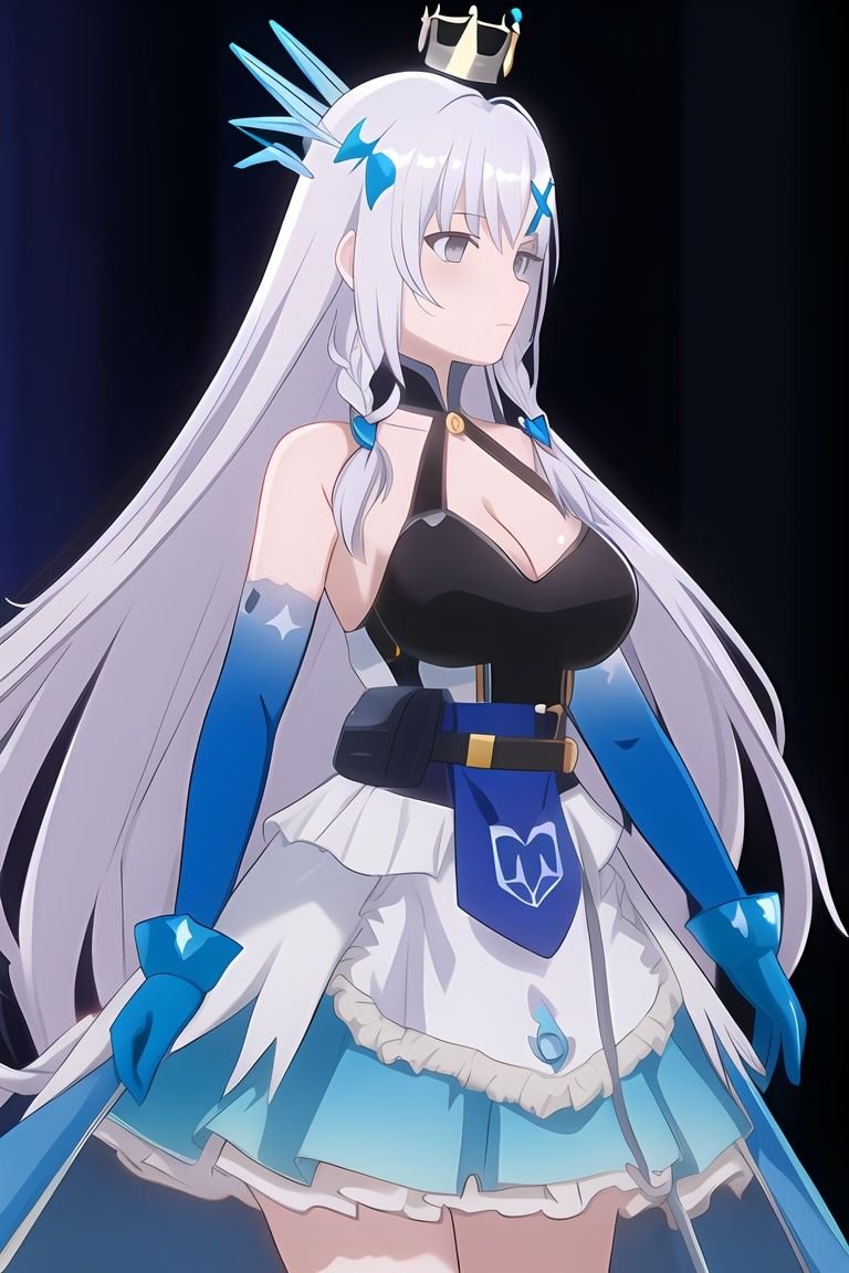 meryl1, 1girl, solo, long hair, grey eyes, helterneck, dress, breasts, cleavage, frilled dress, blue gloves, elbow gloves, hair ornament, crown