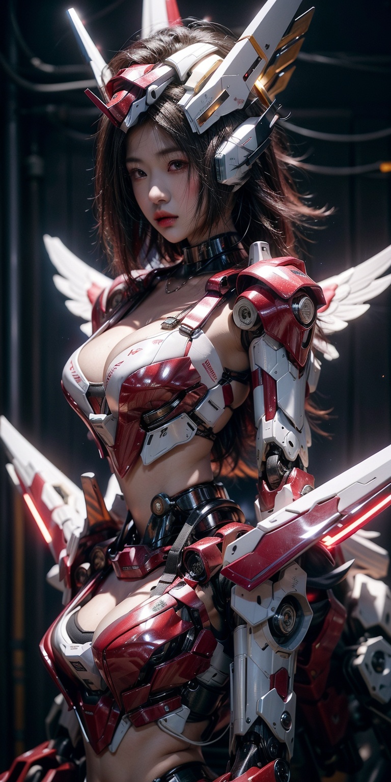 concept mecha girl dark hair in dark red firing ambient cyberpunk reds glow eyes blue electrick sparks high res,  high qua...