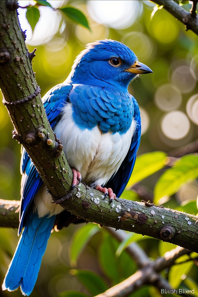 (blue bird),  (sitting on a tree branch),  (close up) by Visionary8T on Tensor.Art