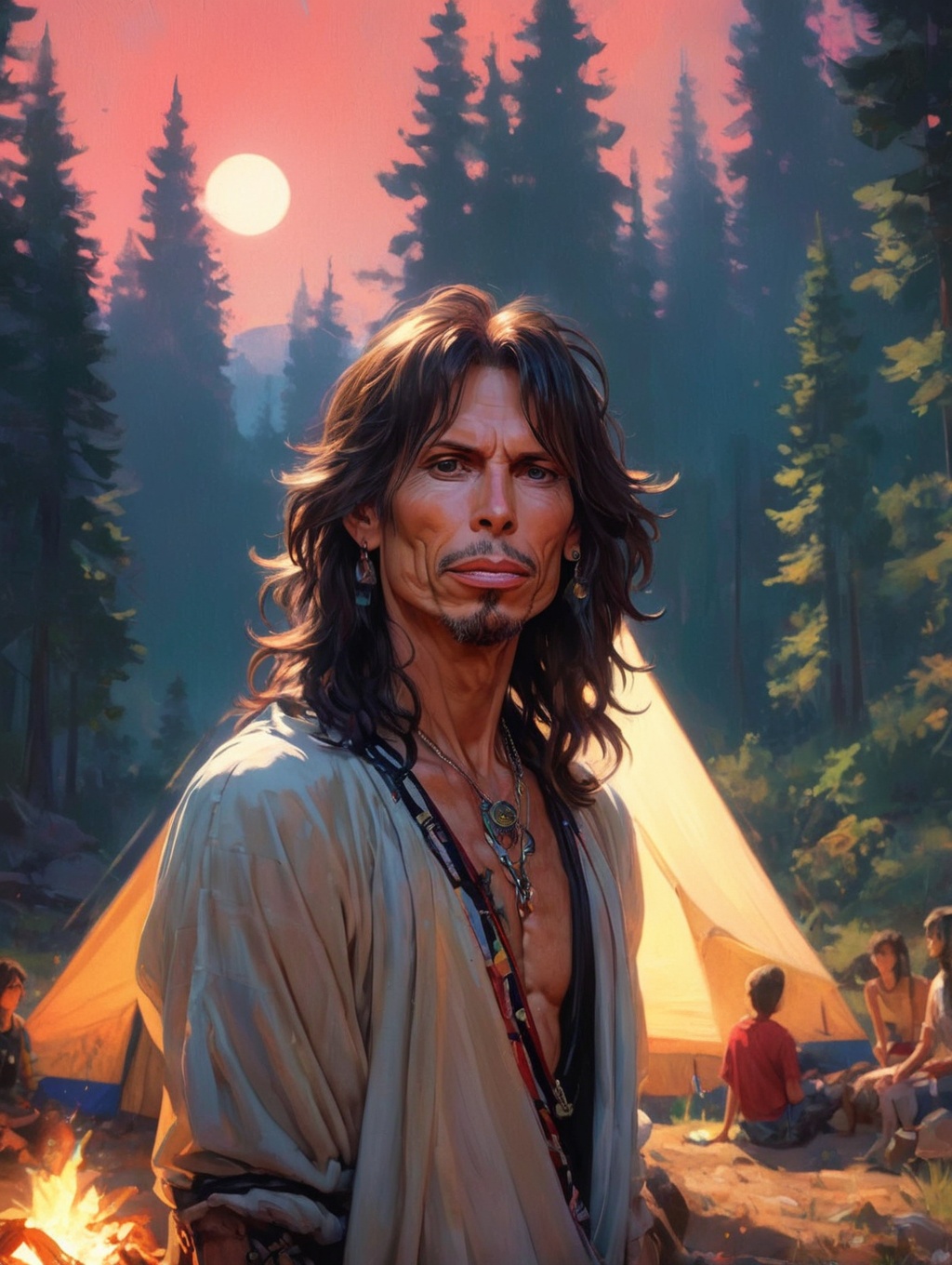 stylized by ilya kuvshinov, giuseppe dangelico pino, michael garmash, rob rey and disney, Good flyweight (Steven Tyler:1.1) , Camping, Realistic Geass, Best quality, extremely hyper aesthetic, anaglyph filter, Crepuscular Rays, UHD, 8K, <lora:ArgazXL:0.8> argazxl, traditional outfit