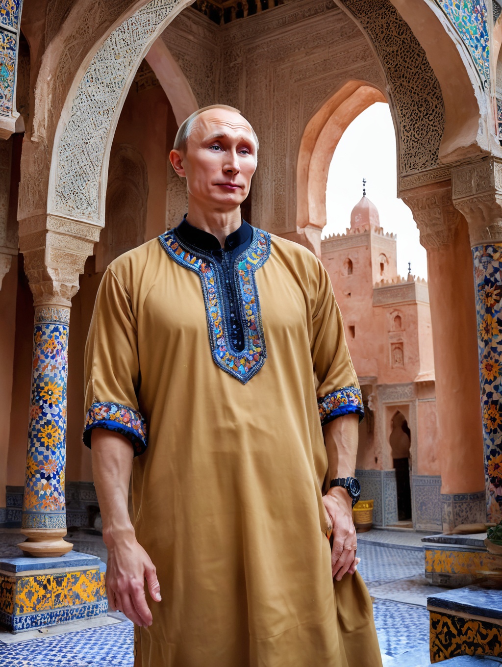 Moroccan architecture advertising style designed by ilya kuvshinov and gustav klimt, professional, intricate background, (Vladimir Putin:1.3) , the Male is very highborn, akward, Vladimir Putin is dressed in a Scoop neck top that was forged by Rockstar games, It is very , trending on CGSociety, dslr, Lonely, Pastel Colors, Liminal dream, hearthstone artwork, Highres, absurdres, <lora:ArgazXL:0.8> argazxl, traditional outfit . Intricate tilework, arches, riads, vibrant colors, cultural motifs, eye-catching, highly detailed