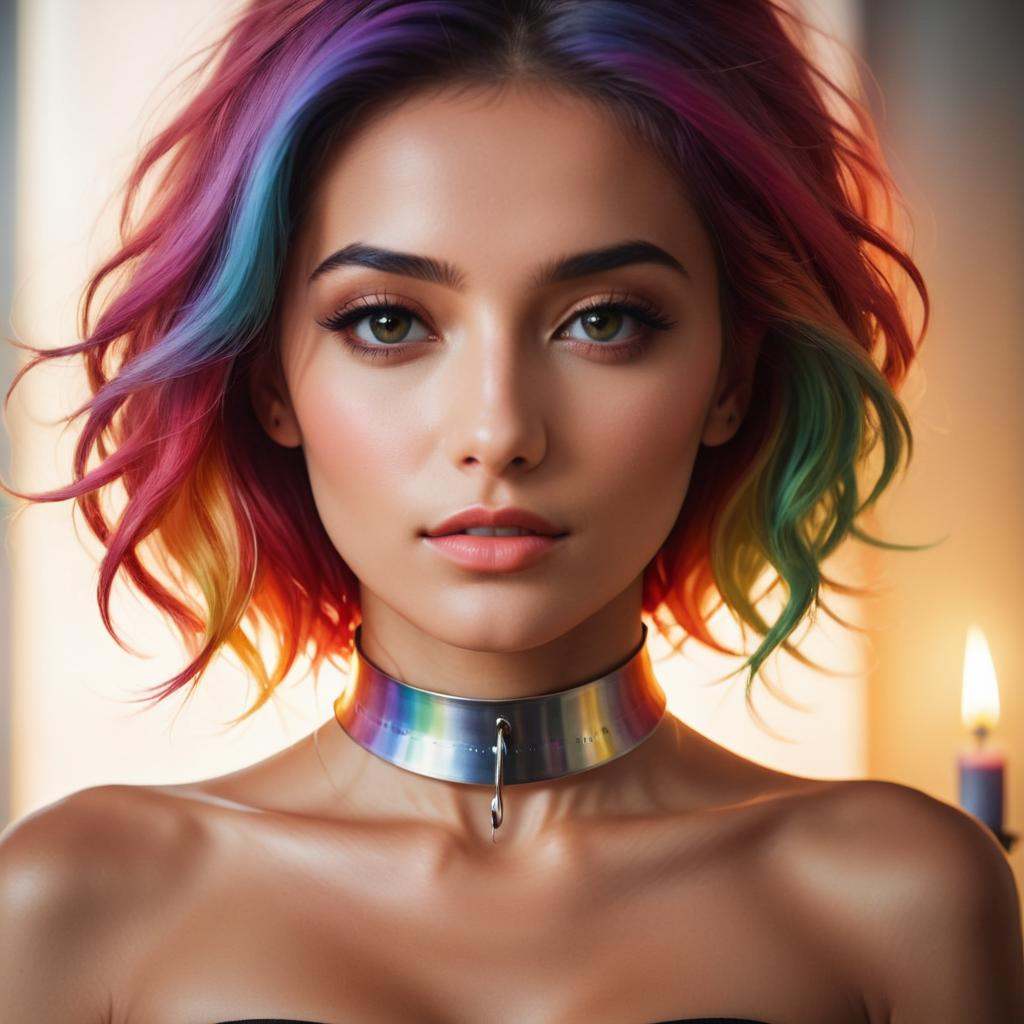 Watercolor painting gorgeous woman,  close up photography on metal choker on neck,  designed by Francesco Hayez and on Ten...